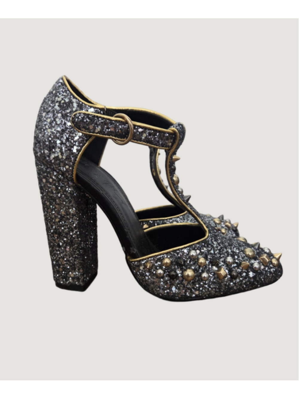 Nasty Gal Glitter Studded T-Strap Heels Silver Gold Size 7